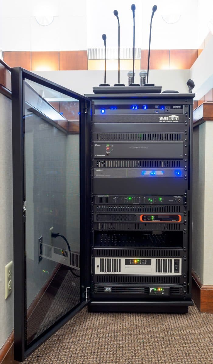 Equipment rack with a rack-mounted battery backup and network equipment