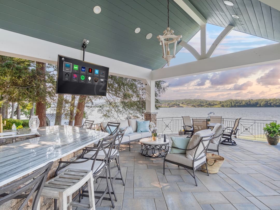 TV and speakers in pool house